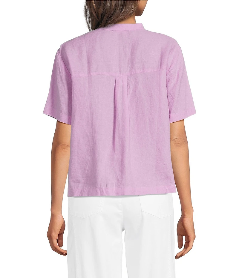 Eileen Fisher Organic Handkerchief Linen Mandarin Collar Short Sleeve Button Front Shirt