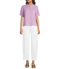 Eileen Fisher Organic Handkerchief Linen Mandarin Collar Short Sleeve Button Front Shirt