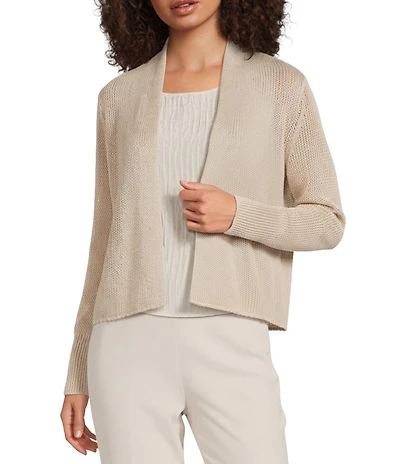 Eileen Fisher Organic Linen Blend Knit Open Front Long Sleeve Shawl Collar Cardigan