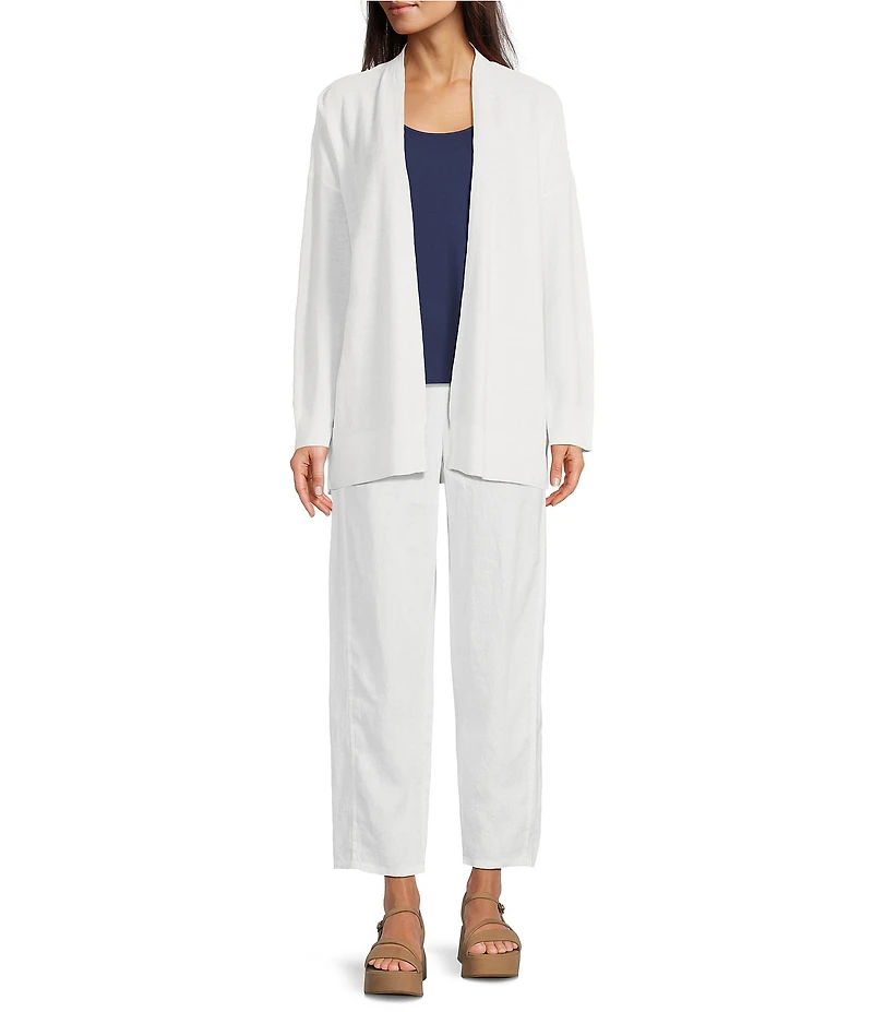 Eileen Fisher Organic Linen Blend Ribbed Trim Open Front Long Sleeve Cardigan