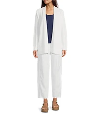 Eileen Fisher Organic Linen Blend Ribbed Trim Open Front Long Sleeve Cardigan