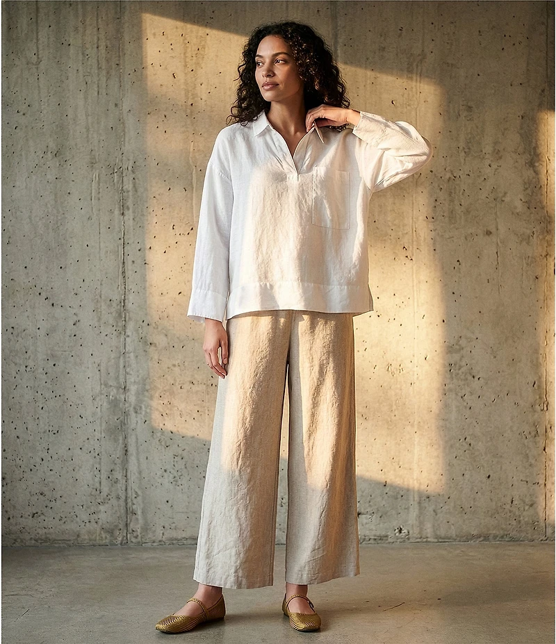Eileen Fisher Organic Linen Classic Collar Long Sleeve Pop-Over Top