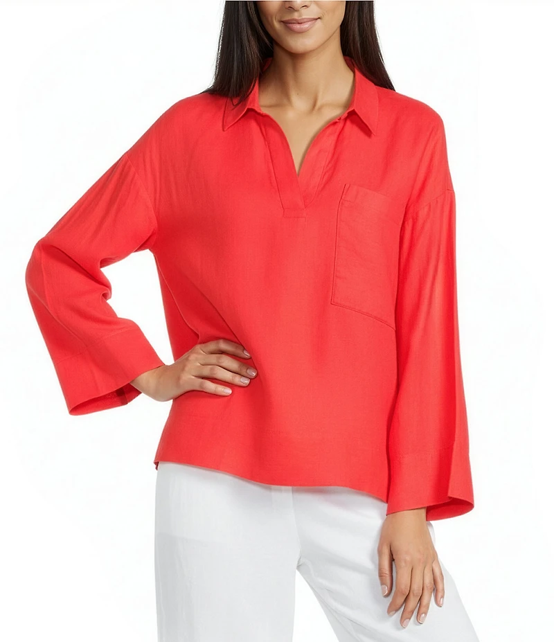 Eileen Fisher Organic Linen Classic Collar Long Sleeve Pop-Over Top