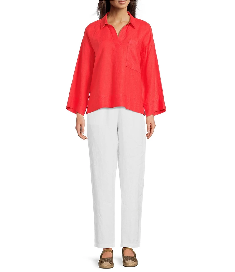 Eileen Fisher Organic Linen Classic Collar Long Sleeve Pop-Over Top