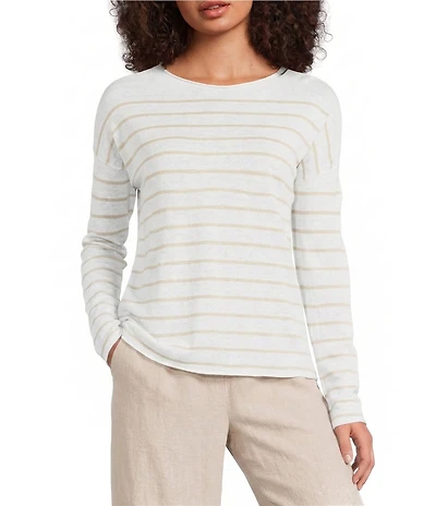 Eileen Fisher Organic Linen Cotton Blend Crew Neck Long Sleeve Boxy Top