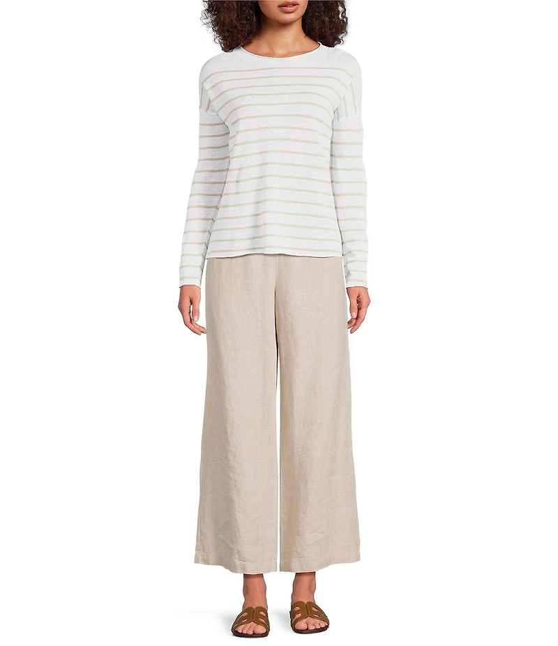 Eileen Fisher Organic Linen Cotton Blend Crew Neck Long Sleeve Boxy Top