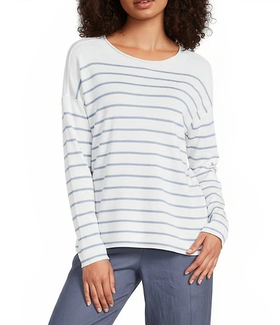 Eileen Fisher Organic Linen Cotton Blend Crew Neck Long Sleeve Boxy Top