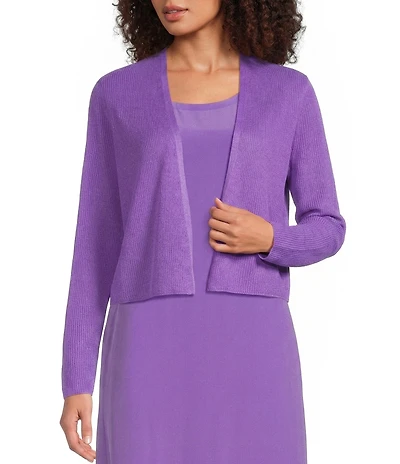 Eileen Fisher Organic Linen Cotton Blend Ribbed Knit Open Front Long Sleeve Cardigan