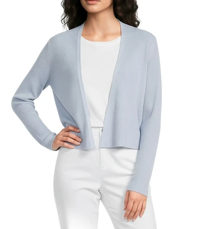Eileen Fisher Organic Linen Cotton Blend Ribbed Knit Open Front Long Sleeve Cardigan