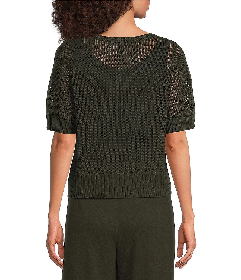 Eileen Fisher Organic Linen Cotton-Blend Ribbed Round Neck Short Sleeve Sweater