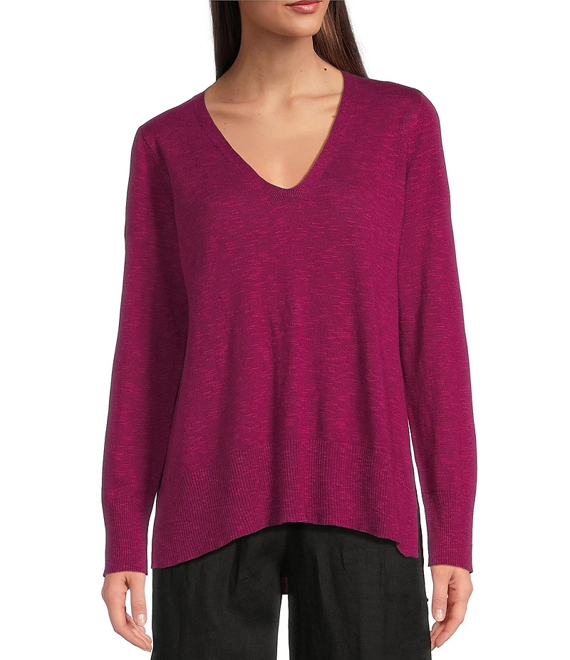 Eileen Fisher Organic Linen Cotton Blend V-Neck Long Sleeve Sweater