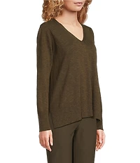 Eileen Fisher Organic Linen Cotton Blend V-Neck Long Sleeve Sweater