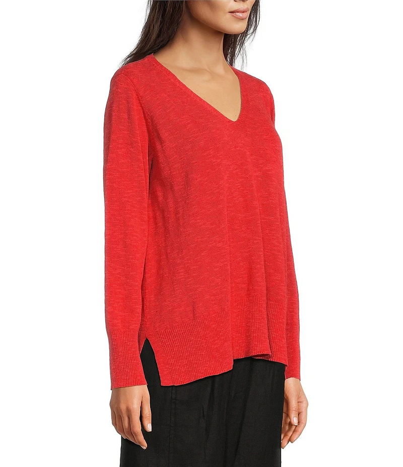 Eileen Fisher Organic Linen Cotton Blend V-Neck Long Sleeve Sweater