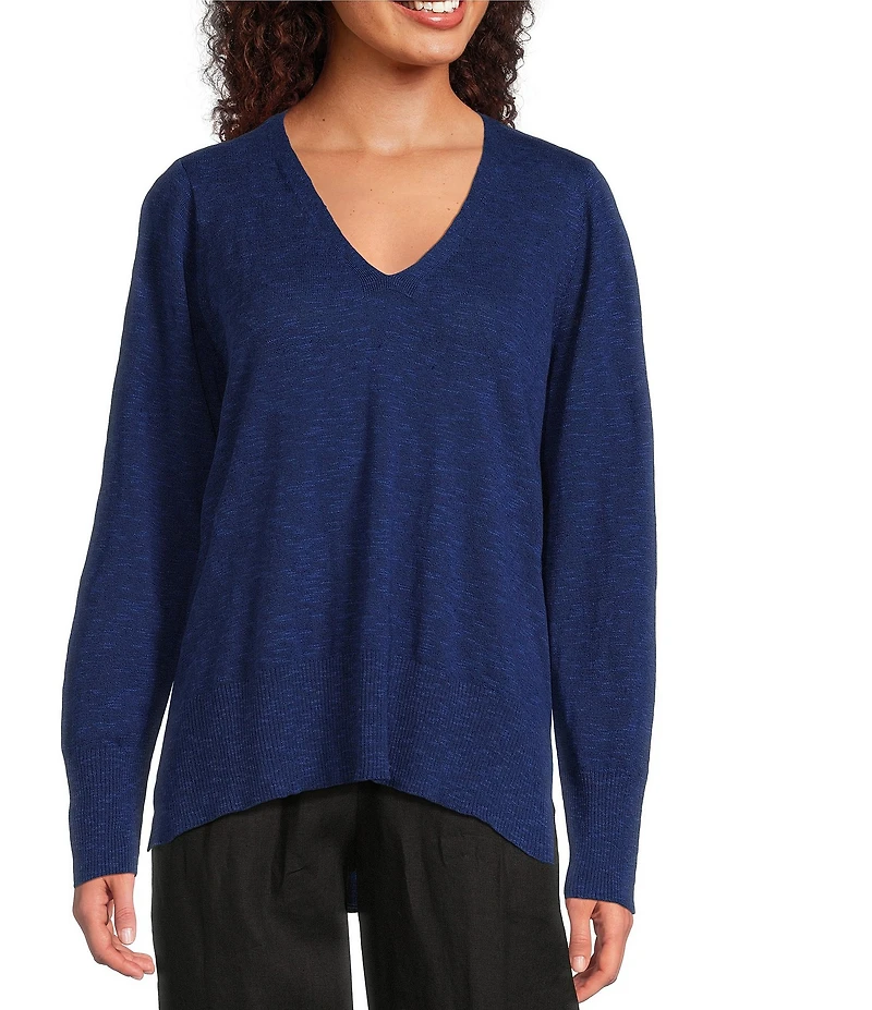 Eileen Fisher Organic Linen Cotton Blend V-Neck Long Sleeve Sweater