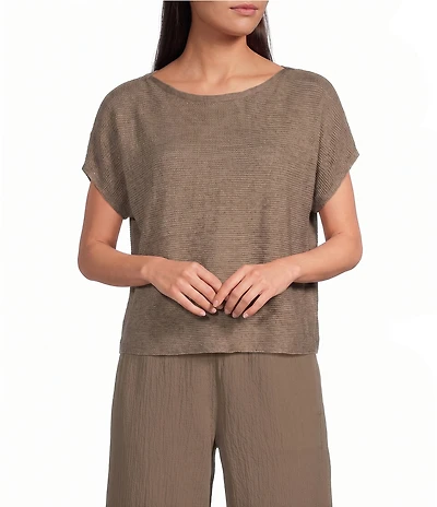 Eileen Fisher Organic Linen Delave Boat Neck Cap Sleeve Boxy Top