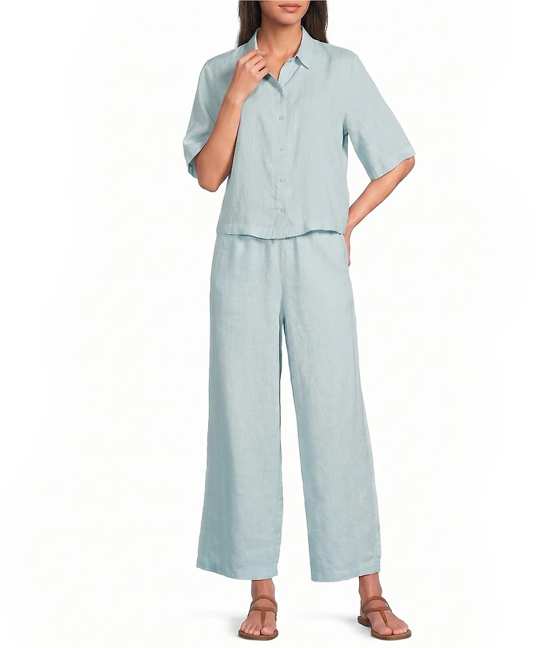 Eileen Fisher Organic Linen Elastic Waist Wide Leg Ankle Pants
