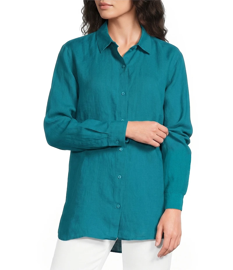 Eileen Fisher Organic Linen Handkerchief Classic Collar Button Front Long Sleeve Shirt