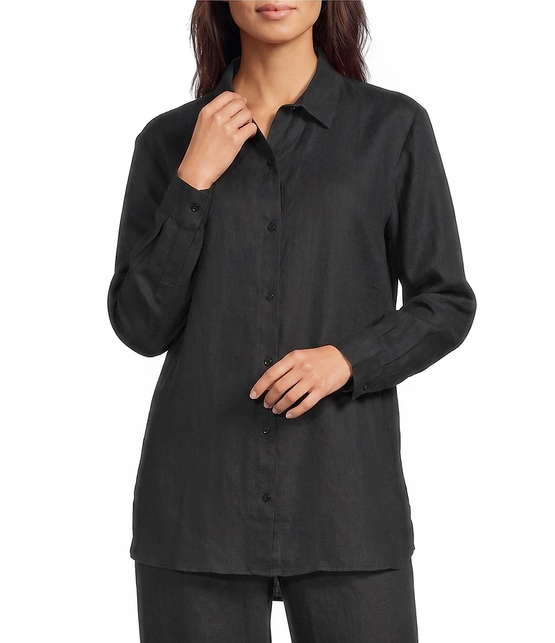 Eileen Fisher Organic Linen Handkerchief Classic Collar Button Front Long Sleeve Shirt