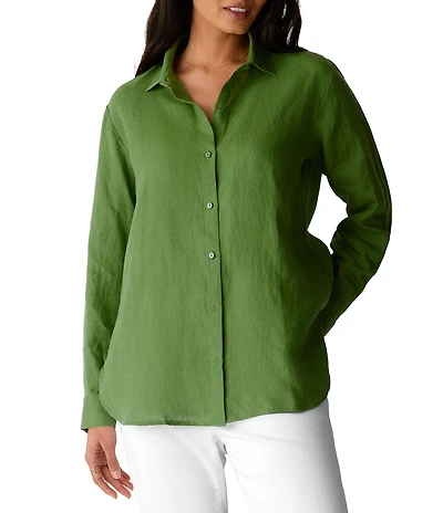 Eileen Fisher Organic Linen Handkerchief Classic Collar Button Front Long Sleeve Shirt