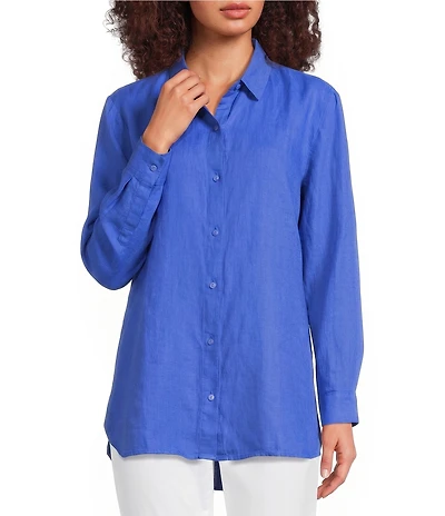 Eileen Fisher Organic Linen Handkerchief Classic Collar Button Front Long Sleeve Shirt