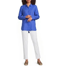 Eileen Fisher Organic Linen Handkerchief Classic Collar Button Front Long Sleeve Shirt
