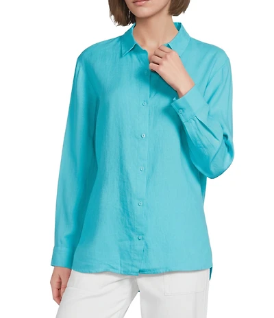 Eileen Fisher Organic Linen Handkerchief Classic Collar Button Front Long Sleeve Shirt
