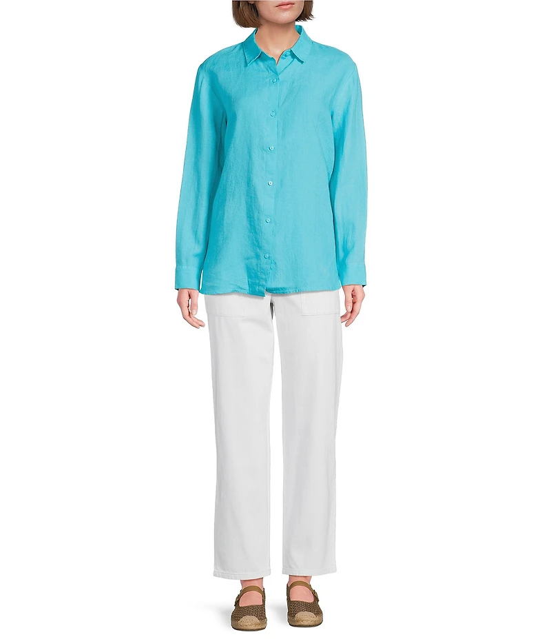 Eileen Fisher Organic Linen Handkerchief Classic Collar Button Front Long Sleeve Shirt