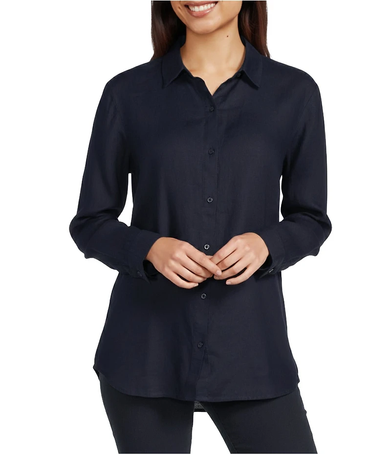 Eileen Fisher Organic Linen Handkerchief Classic Collar Button Front Long Sleeve Shirt
