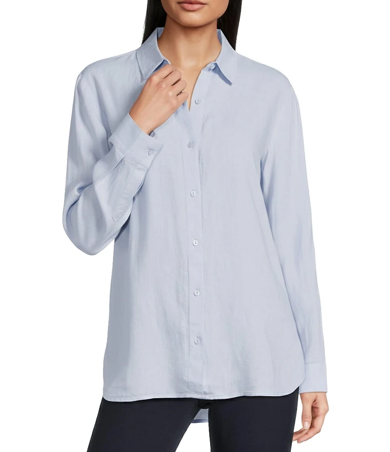 Eileen Fisher Organic Linen Handkerchief Classic Collar Button Front Long Sleeve Shirt