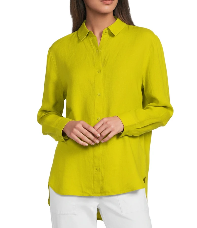 Eileen Fisher Organic Linen Handkerchief Classic Collar Button Front Long Sleeve Shirt