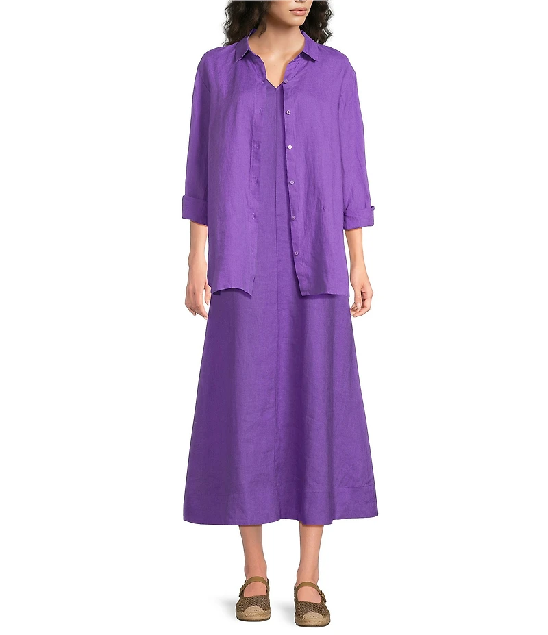 Eileen Fisher Organic Linen Handkerchief Classic Collar Button Front Long Sleeve Shirt