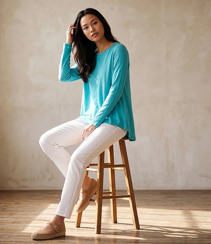 Eileen Fisher Organic Linen Jersey Knit Crew Neck Long Sleeve Tee
