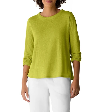 Eileen Fisher Organic Linen Jersey Knit Crew Neck Long Sleeve Tee