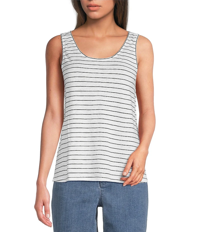 Eileen Fisher Organic Linen Jersey Stripe Print Scoop Neck Sleeveless Tank