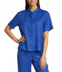Eileen Fisher Organic Linen Mandarin Collar Short Sleeve Button Front Shirt
