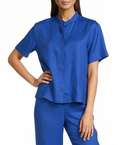 Eileen Fisher Organic Linen Mandarin Collar Short Sleeve Button Front Coordinating Shirt
