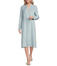 Eileen Fisher Organic Linen Mandarin Split V-Neck Long Sleeve Shirt Midi Dress