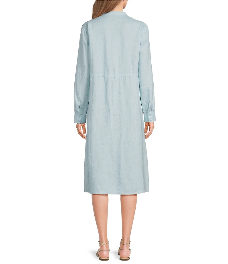 Eileen Fisher Organic Linen Mandarin Split V-Neck Long Sleeve Shirt Midi Dress