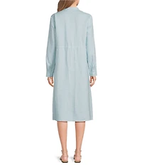 Eileen Fisher Organic Linen Mandarin Split V-Neck Long Sleeve Shirt Midi Dress