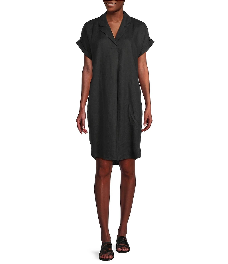 Eileen Fisher Organic Linen Notch Collar Cap Sleeve Shirtdress