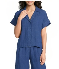 Eileen Fisher Organic Linen Notch Collar Short Sleeve Button Front Shirt
