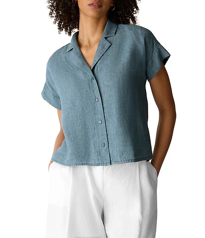 Eileen Fisher Organic Linen Notch Collar Short Sleeve Button Front Shirt