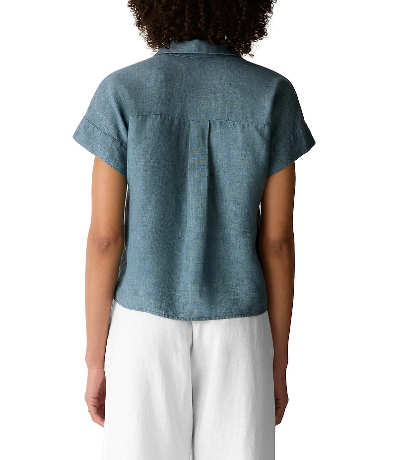 Eileen Fisher Organic Linen Notch Collar Short Sleeve Button Front Shirt