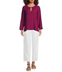Eileen Fisher Organic Linen Split Round Neck Bracelet Sleeve Top