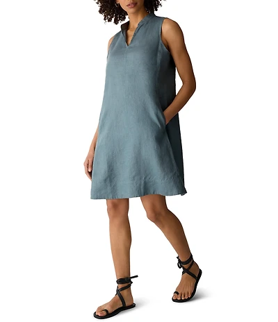 Eileen Fisher Organic Linen Split V-Neck Sleeveless Dress