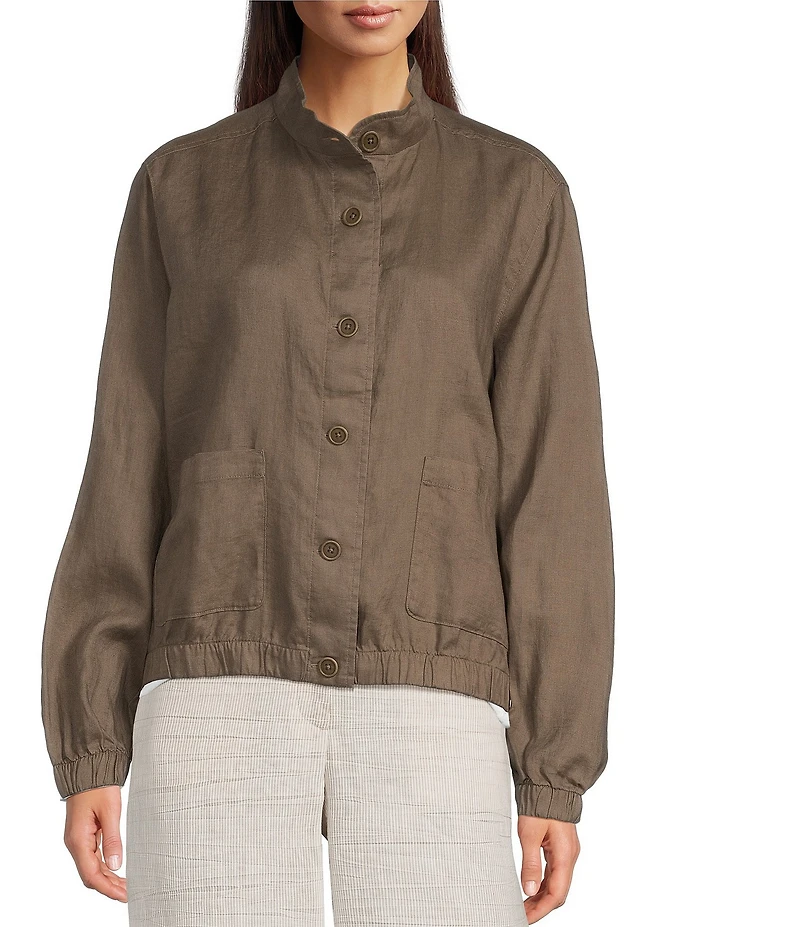 Eileen Fisher Organic Linen Stand Collar Long Sleeve Cinched Jacket