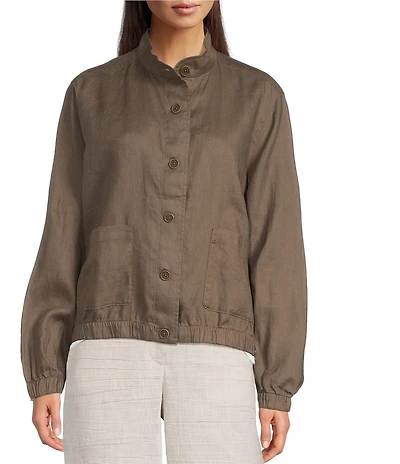Eileen Fisher Organic Linen Stand Collar Long Sleeve Cinched Jacket