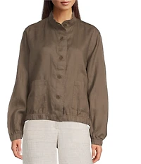 Eileen Fisher Organic Linen Stand Collar Long Sleeve Cinched Jacket