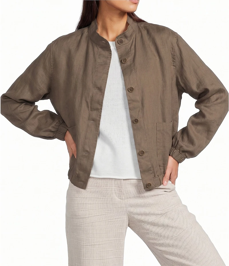 Eileen Fisher Organic Linen Stand Collar Long Sleeve Cinched Jacket