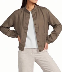 Eileen Fisher Organic Linen Stand Collar Long Sleeve Cinched Jacket